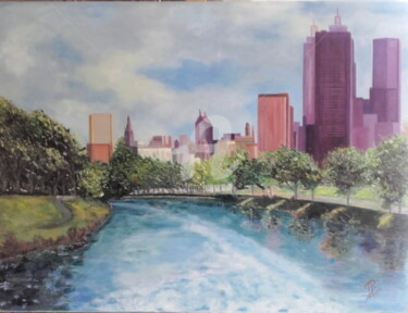 Painting titled "Yarra River in Melb…" by Martine Bonnerave, Original Artwork, Oil Mounted on Wood Stretcher frame