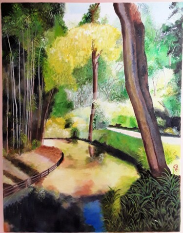 Painting titled "Zénitude en forêt" by Martine Bonnerave, Original Artwork, Oil