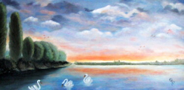 Painting titled "Le Lac des Cygnes" by Martine Bonnerave, Original Artwork, Oil