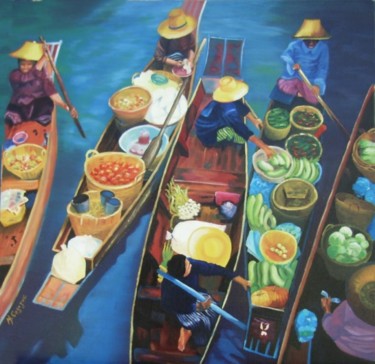 Peinture intitulée "Marché flottant" par Martine Cazajus, Œuvre d'art originale, Huile