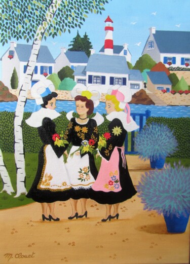 Peinture intitulée "Les trois bretonnes" par Martine Clouet, Œuvre d'art originale, Huile Monté sur Châssis en bois