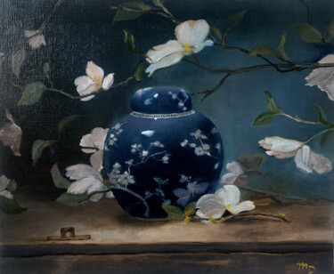 Painting titled "Poterie chinoise bl…" by Martine Destine, Original Artwork, Oil