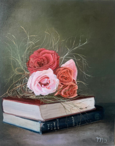Painting titled "Livres et roses" by Martine Destine, Original Artwork, Oil
