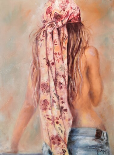 Peinture intitulée "La fille au foulard" par Martine Gregoire, Œuvre d'art originale, Huile Monté sur Châssis en bois
