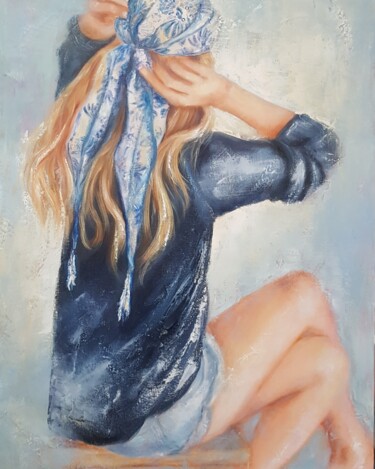 Painting titled "Le foulard bleu" by Martine Gregoire, Original Artwork, Oil