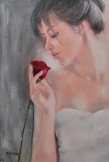 Painting titled "La rose rouge" by Martine Gregoire, Original Artwork, Oil Mounted on Wood Stretcher frame