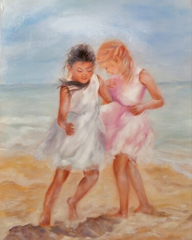 Peinture intitulée "Fillettes à la plage" par Martine Gregoire, Œuvre d'art originale, Huile