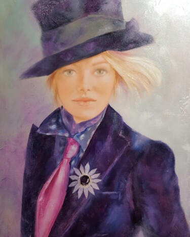 Painting titled "Chapeau et cravate" by Martine Gregoire, Original Artwork, Oil Mounted on Wood Stretcher frame