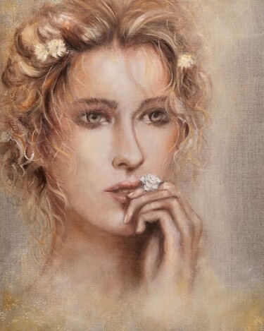 Painting titled "PENSIVE" by Martine Gregoire, Original Artwork, Oil Mounted on Wood Stretcher frame