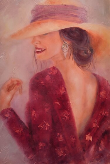 Картина под названием "Élégance en robe ro…" - Martine Gregoire, Подлинное произведение искусства, Масло Установлен на Дерев…