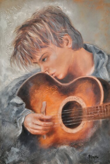 Painting titled "Le guitariste" by Martine Gregoire, Original Artwork, Oil Mounted on Wood Stretcher frame