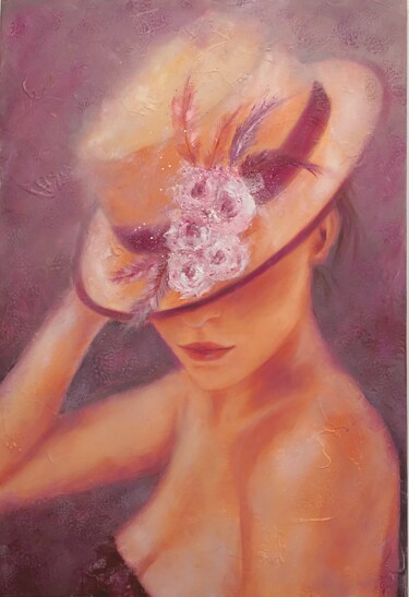 Painting titled "Fleurs et chapeau" by Martine Gregoire, Original Artwork, Oil Mounted on Wood Stretcher frame