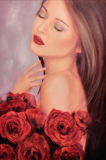 Painting titled "Les roses rouges" by Martine Gregoire, Original Artwork, Oil Mounted on Wood Stretcher frame