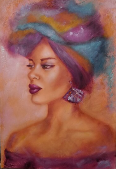 Painting titled "Le turban multicolo…" by Martine Gregoire, Original Artwork, Oil Mounted on Wood Stretcher frame