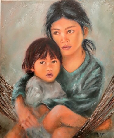 Painting titled "Moment de complicité" by Martine Gregoire, Original Artwork, Oil Mounted on Wood Stretcher frame