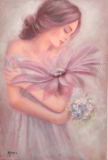 Painting titled "Femme fleur" by Martine Gregoire, Original Artwork, Oil Mounted on Wood Stretcher frame