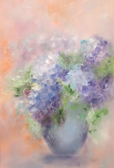 Painting titled "Bouquet d’hortensia…" by Martine Gregoire, Original Artwork, Oil Mounted on Wood Stretcher frame