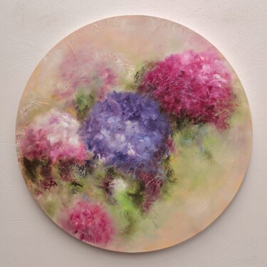 Painting titled "Rond d'Hortensias" by Martine Gregoire, Original Artwork, Oil Mounted on Wood Stretcher frame