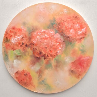 Painting titled "Rond d’hortensias" by Martine Gregoire, Original Artwork, Oil Mounted on Wood Stretcher frame