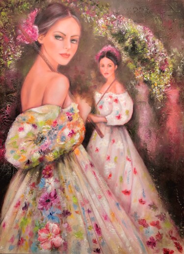 Painting titled "Élégantes à ombrelle" by Martine Gregoire, Original Artwork, Oil Mounted on Wood Stretcher frame