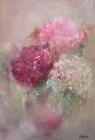 Painting titled "Douceur d'hortensias" by Martine Gregoire, Original Artwork, Oil Mounted on Wood Stretcher frame