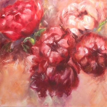 Painting titled "Pivoines roses et r…" by Martine Gregoire, Original Artwork, Oil