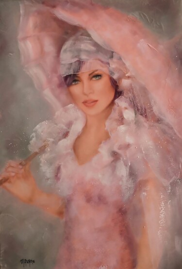 Painting titled "L'ombrelle rose" by Martine Gregoire, Original Artwork, Oil Mounted on Wood Stretcher frame
