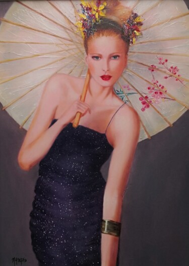Painting titled "L'OMBRELLE  JAPONAI…" by Martine Gregoire, Original Artwork, Oil Mounted on Wood Stretcher frame