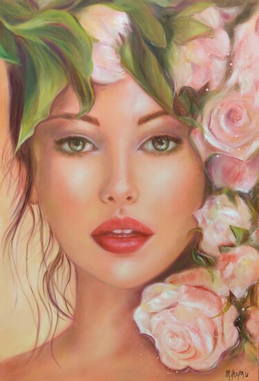 Painting titled "Belle aux roses" by Martine Gregoire, Original Artwork, Oil