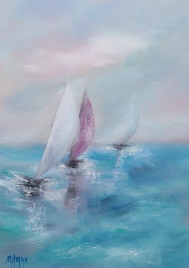 Painting titled "Les 3 voiles" by Martine Gregoire, Original Artwork, Oil Mounted on Wood Stretcher frame