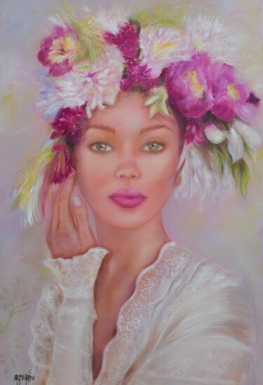 Painting titled "Élégante en fleurs…" by Martine Gregoire, Original Artwork, Oil Mounted on Wood Stretcher frame