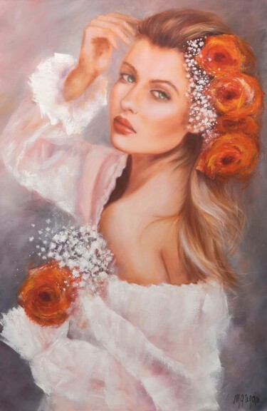 Painting titled "Élégante aux roses…" by Martine Gregoire, Original Artwork, Oil Mounted on Wood Stretcher frame