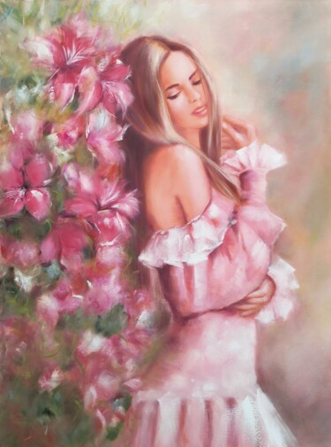 Картина под названием "Romantisme et fleur…" - Martine Gregoire, Подлинное произведение искусства, Масло Установлен на Дерев…