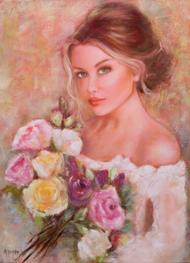 Картина под названием "Élégante au bouquet" - Martine Gregoire, Подлинное произведение искусства, Масло Установлен на Деревя…