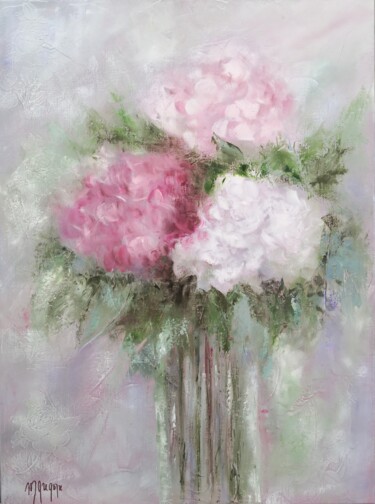 Painting titled "DOUCEUR D’HORTENSIAS" by Martine Gregoire, Original Artwork, Oil Mounted on Wood Stretcher frame