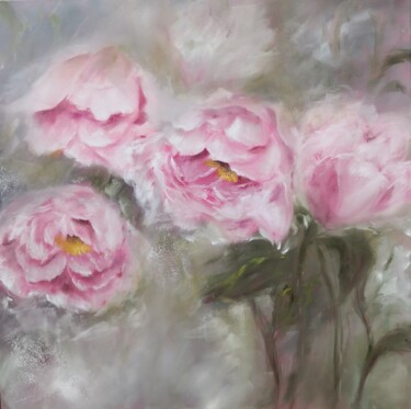 Painting titled "Pivoines roses" by Martine Gregoire, Original Artwork, Oil Mounted on Wood Stretcher frame