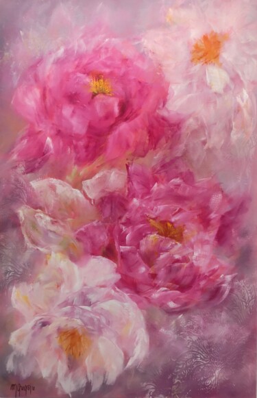 Картина под названием "Pivoines roses et b…" - Martine Gregoire, Подлинное произведение искусства, Масло Установлен на Дерев…