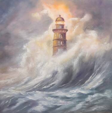 Painting titled "Tempête sur le phare" by Martine Gregoire, Original Artwork, Oil Mounted on Wood Stretcher frame