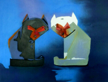 Painting titled "origami-cats-50cm-x…" by Martine Jacobs, Original Artwork, Pastel
