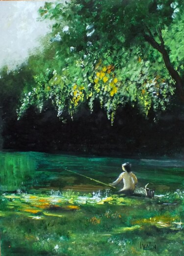 Malerei mit dem Titel "Le pêcheur" von Martine Lacotte, Original-Kunstwerk, Öl