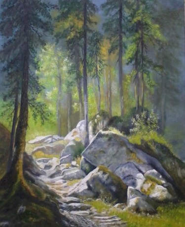 Painting titled "Sentier rocheux" by Martine Lacotte, Original Artwork, Oil