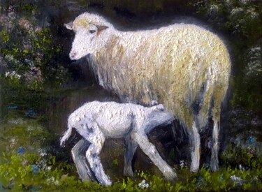 Painting titled "Brebis et son agneau" by Martine Lacotte, Original Artwork, Oil