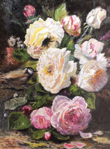 Painting titled "Les roses et l'oise…" by Martine Lacotte, Original Artwork, Oil