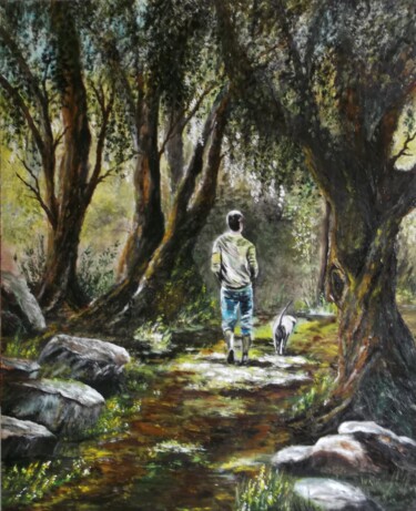 Schilderij getiteld "Matin en forêt" door Martine Lacotte, Origineel Kunstwerk, Olie
