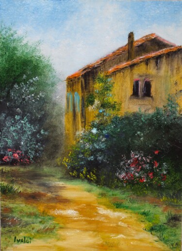 Malerei mit dem Titel "L'allée du jardin" von Martine Lacotte, Original-Kunstwerk, Öl