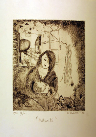 Gravures & estampes intitulée "Maternité" par Martine Mabilleau, Œuvre d'art originale, Gravure