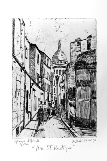 Printmaking titled "Rue St Rustique Noi…" by Martine Mabilleau, Original Artwork, Etching