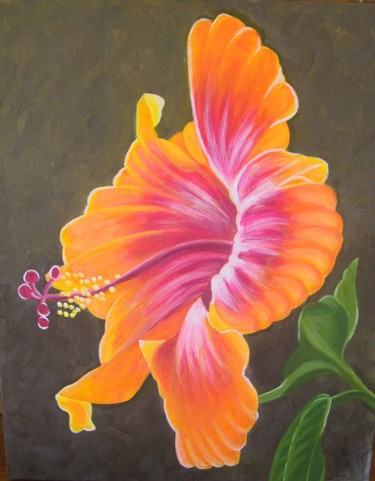 Painting titled "hibiscus" by Martine Ragot, Original Artwork, Acrylic Mounted on Wood Stretcher frame