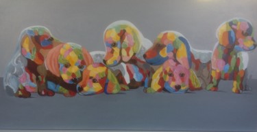 Painting titled "Chiens multicolores" by Martine Ragot, Original Artwork, Acrylic Mounted on Wood Stretcher frame