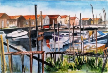 Painting titled "Les pontons" by Martine Romainville, Original Artwork, Watercolor